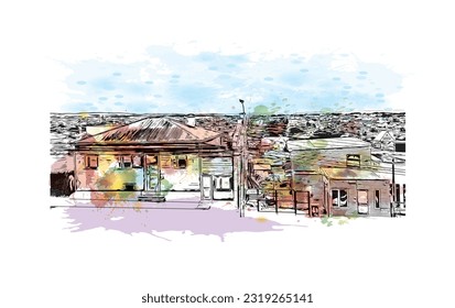 Building view with landmark of Punta Arenas is the city in Chile. Watercolor splash with Hand drawn sketch illustration in vector.