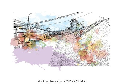 Building view with landmark of Punta Arenas is the city in Chile. Watercolor splash with Hand drawn sketch illustration in vector.