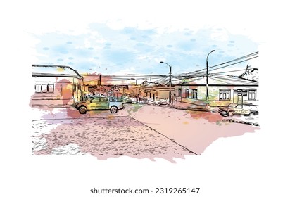 Building view with landmark of Punta Arenas is the city in Chile. Watercolor splash with Hand drawn sketch illustration in vector.