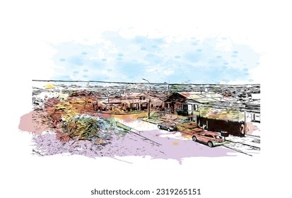 Building view with landmark of Punta Arenas is the city in Chile. Watercolor splash with Hand drawn sketch illustration in vector.