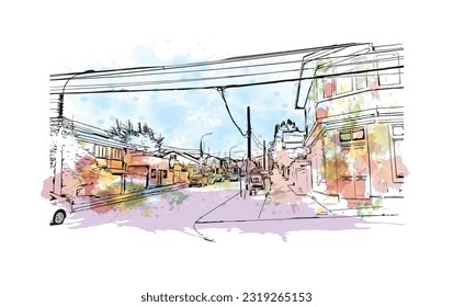 Building view with landmark of Punta Arenas is the city in Chile. Watercolor splash with Hand drawn sketch illustration in vector.