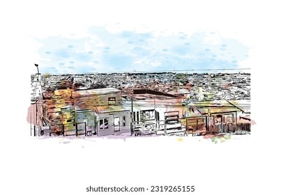 Building view with landmark of Punta Arenas is the city in Chile. Watercolor splash with Hand drawn sketch illustration in vector.