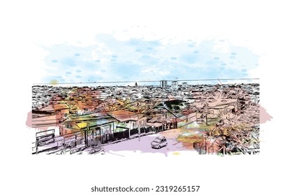 Building view with landmark of Punta Arenas is the city in Chile. Watercolor splash with Hand drawn sketch illustration in vector.
