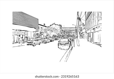 Building view with landmark of Punta Arenas is the city in Chile. Hand drawn sketch illustration in vector.