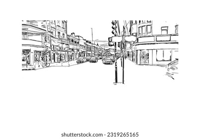Building view with landmark of Punta Arenas is the city in Chile. Hand drawn sketch illustration in vector.