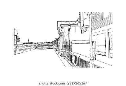 Building view with landmark of Punta Arenas is the city in Chile. Hand drawn sketch illustration in vector.