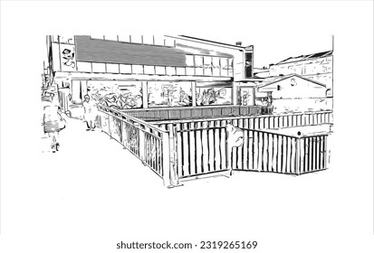 Building view with landmark of Punta Arenas is the city in Chile. Hand drawn sketch illustration in vector.