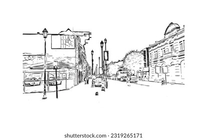 Building view with landmark of Punta Arenas is the city in Chile. Hand drawn sketch illustration in vector.