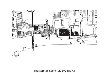 Building view with landmark of Punta Arenas is the city in Chile. Hand drawn sketch illustration in vector.