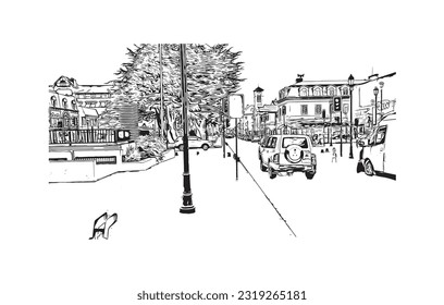 Building view with landmark of Punta Arenas is the city in Chile. Hand drawn sketch illustration in vector.