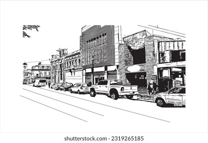 Building view with landmark of Punta Arenas is the city in Chile. Hand drawn sketch illustration in vector.