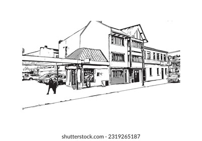 Building view with landmark of Punta Arenas is the city in Chile. Hand drawn sketch illustration in vector.