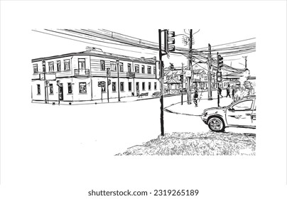 Building view with landmark of Punta Arenas is the city in Chile. Hand drawn sketch illustration in vector.