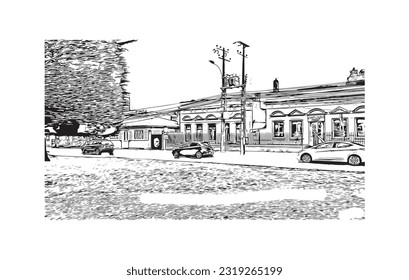 Building view with landmark of Punta Arenas is the city in Chile. Hand drawn sketch illustration in vector.