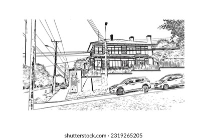 Building view with landmark of Punta Arenas is the city in Chile. Hand drawn sketch illustration in vector.