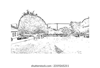 Building view with landmark of Punta Arenas is the city in Chile. Hand drawn sketch illustration in vector.