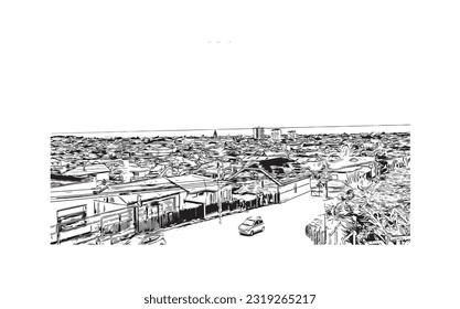 Building view with landmark of Punta Arenas is the city in Chile. Hand drawn sketch illustration in vector.