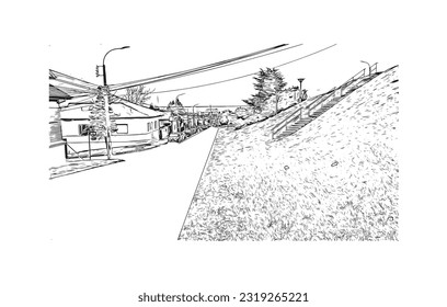 Building view with landmark of Punta Arenas is the city in Chile. Hand drawn sketch illustration in vector.