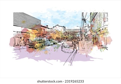 Building view with landmark of Punta Arenas is the city in Chile. Watercolor splash with Hand drawn sketch illustration in vector.