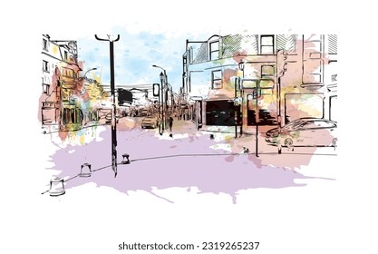 Building view with landmark of Punta Arenas is the city in Chile. Watercolor splash with Hand drawn sketch illustration in vector.