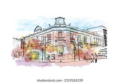 Building view with landmark of Punta Arenas is the city in Chile. Watercolor splash with Hand drawn sketch illustration in vector.