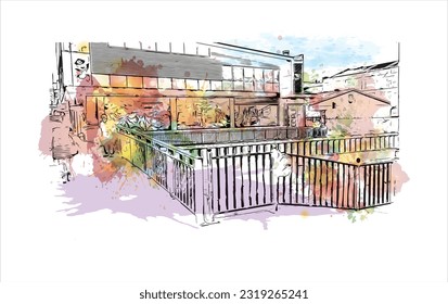 Building view with landmark of Punta Arenas is the city in Chile. Watercolor splash with Hand drawn sketch illustration in vector.