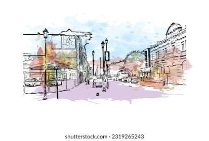 Building view with landmark of Punta Arenas is the city in Chile. Watercolor splash with Hand drawn sketch illustration in vector.