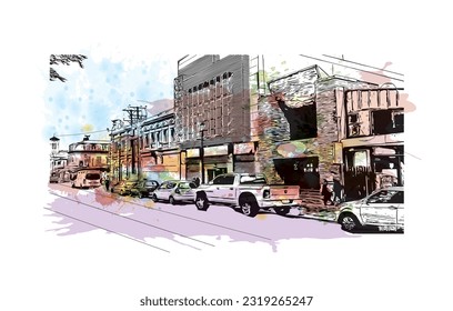 Building view with landmark of Punta Arenas is the city in Chile. Watercolor splash with Hand drawn sketch illustration in vector.