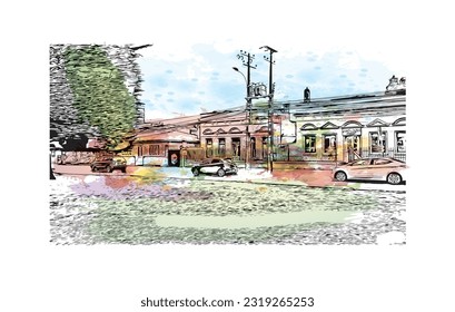 Building view with landmark of Punta Arenas is the city in Chile. Watercolor splash with Hand drawn sketch illustration in vector.