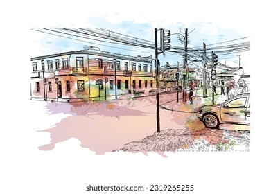 Building view with landmark of Punta Arenas is the city in Chile. Watercolor splash with Hand drawn sketch illustration in vector.