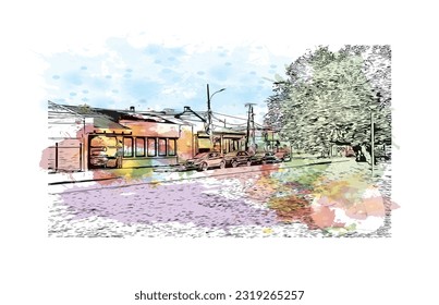 Building view with landmark of Punta Arenas is the city in Chile. Watercolor splash with Hand drawn sketch illustration in vector.