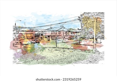 Building view with landmark of Punta Arenas is the city in Chile. Watercolor splash with Hand drawn sketch illustration in vector.