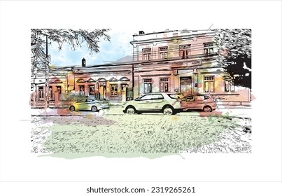Building view with landmark of Punta Arenas is the city in Chile. Watercolor splash with Hand drawn sketch illustration in vector.
