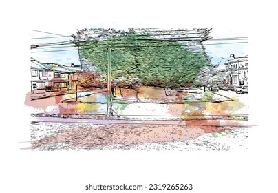 Building view with landmark of Punta Arenas is the city in Chile. Watercolor splash with Hand drawn sketch illustration in vector.
