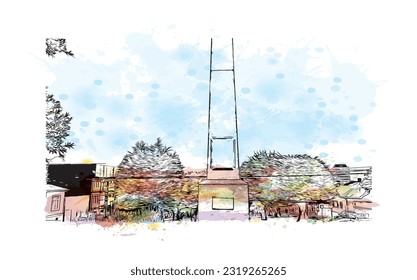 Building view with landmark of Punta Arenas is the city in Chile. Watercolor splash with Hand drawn sketch illustration in vector.