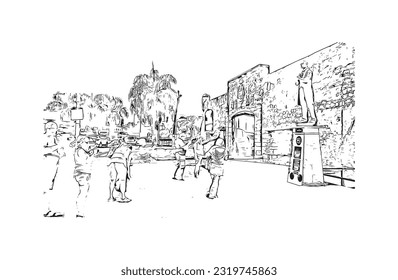 Building view with landmark of Punta Cana is the town in the Dominican Republic. Hand drawn sketch illustration in vector.