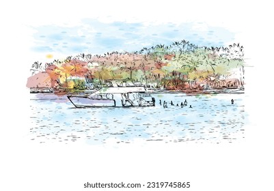 Building view with landmark of Punta Cana is the town in the Dominican Republic. Watercolor splash with hand drawn sketch illustration in vector.