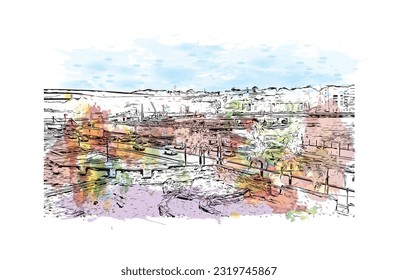La ciudad de la República Dominicana cuenta con vistas al edificio con un punto de referencia de Punta Cana. Salto de color de agua con ilustración de esbozo dibujada a mano en vector.