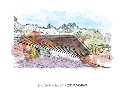 Building view with landmark of Punta Cana is the town in the Dominican Republic. Watercolor splash with hand drawn sketch illustration in vector.