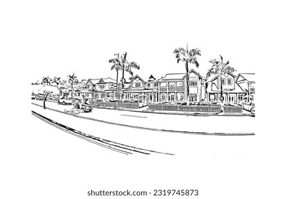 Building view with landmark of Punta Cana is the town in the Dominican Republic. Hand drawn sketch illustration in vector.