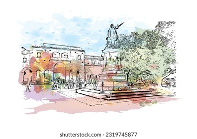 Building view with landmark of Punta Cana is the town in the Dominican Republic. Watercolor splash with hand drawn sketch illustration in vector.