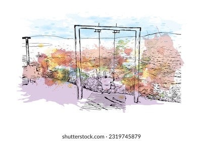 Building view with landmark of Punta Cana is the town in the Dominican Republic. Watercolor splash with hand drawn sketch illustration in vector.
