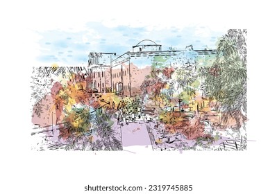 Building view with landmark of Punta Cana is the town in the Dominican Republic. Watercolor splash with hand drawn sketch illustration in vector.