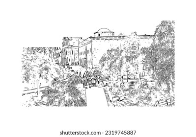 Building view with landmark of Punta Cana is the town in the Dominican Republic. Hand drawn sketch illustration in vector.