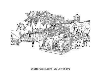 Building view with landmark of Punta Cana is the town in the Dominican Republic. Hand drawn sketch illustration in vector.