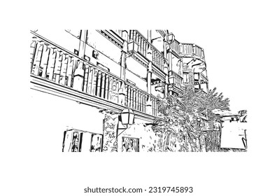 Building view with landmark of Punta Cana is the town in the Dominican Republic. Hand drawn sketch illustration in vector.