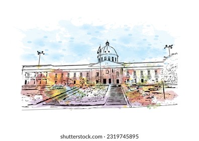 Building view with landmark of Punta Cana is the town in the Dominican Republic. Watercolor splash with hand drawn sketch illustration in vector.