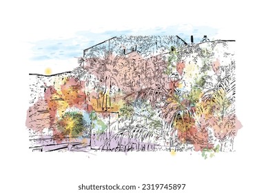 Building view with landmark of Punta Cana is the town in the Dominican Republic. Watercolor splash with hand drawn sketch illustration in vector.