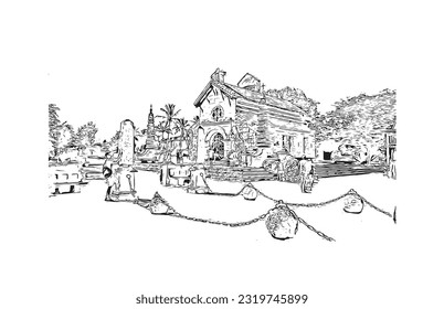Building view with landmark of Punta Cana is the town in the Dominican Republic. Hand drawn sketch illustration in vector.