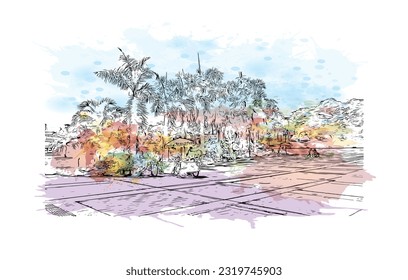 Building view with landmark of Punta Cana is the town in the Dominican Republic. Watercolor splash with hand drawn sketch illustration in vector.